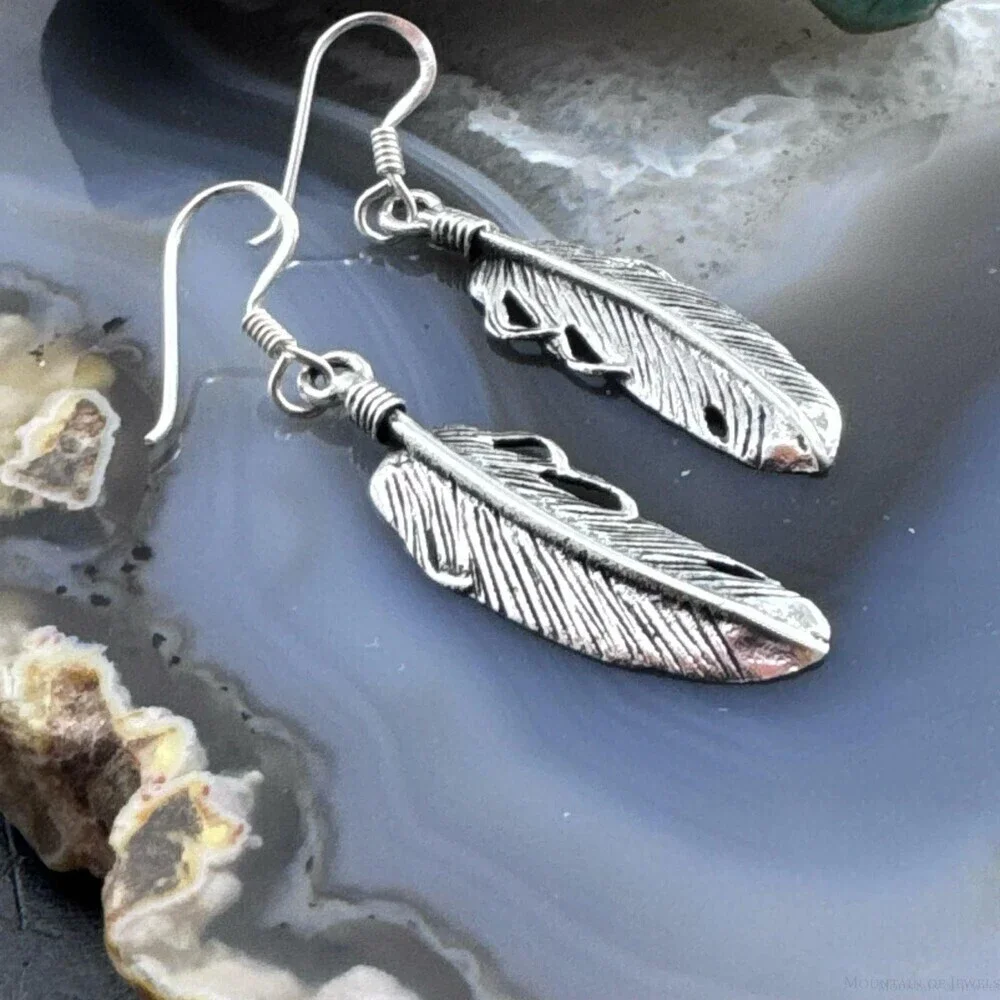 Sterling Silver Southwestern Style Feather Dangle Earrings For Women